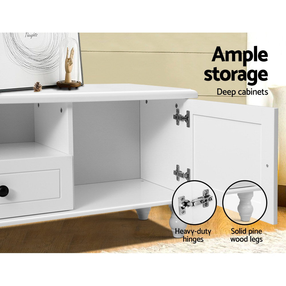 Ross 160cm white French provincial entertainment unit with pine wood legs in a modern living room