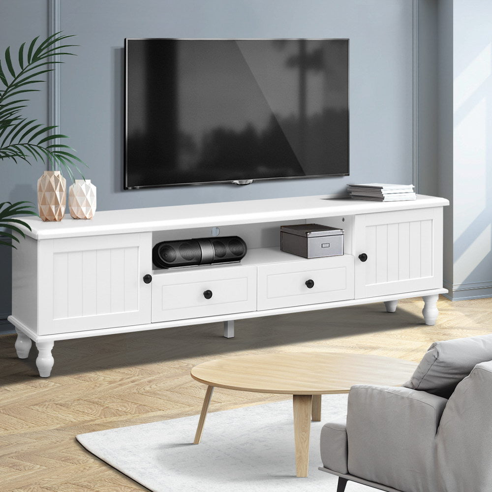 Ross 160cm white French provincial entertainment unit with pine wood legs in a modern living room