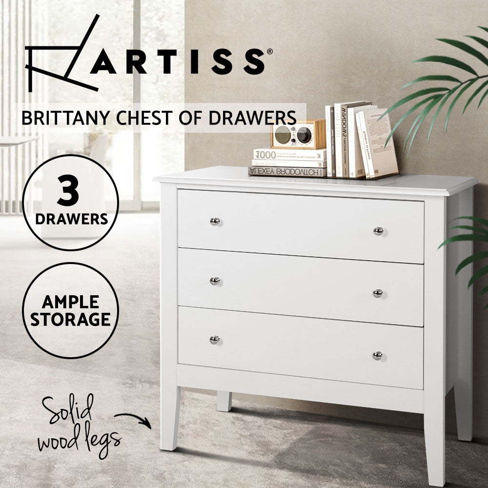 Artiss BRITTANY 3-Drawer Chest of Drawers in White — Provincial Charm — Allure Home Collections