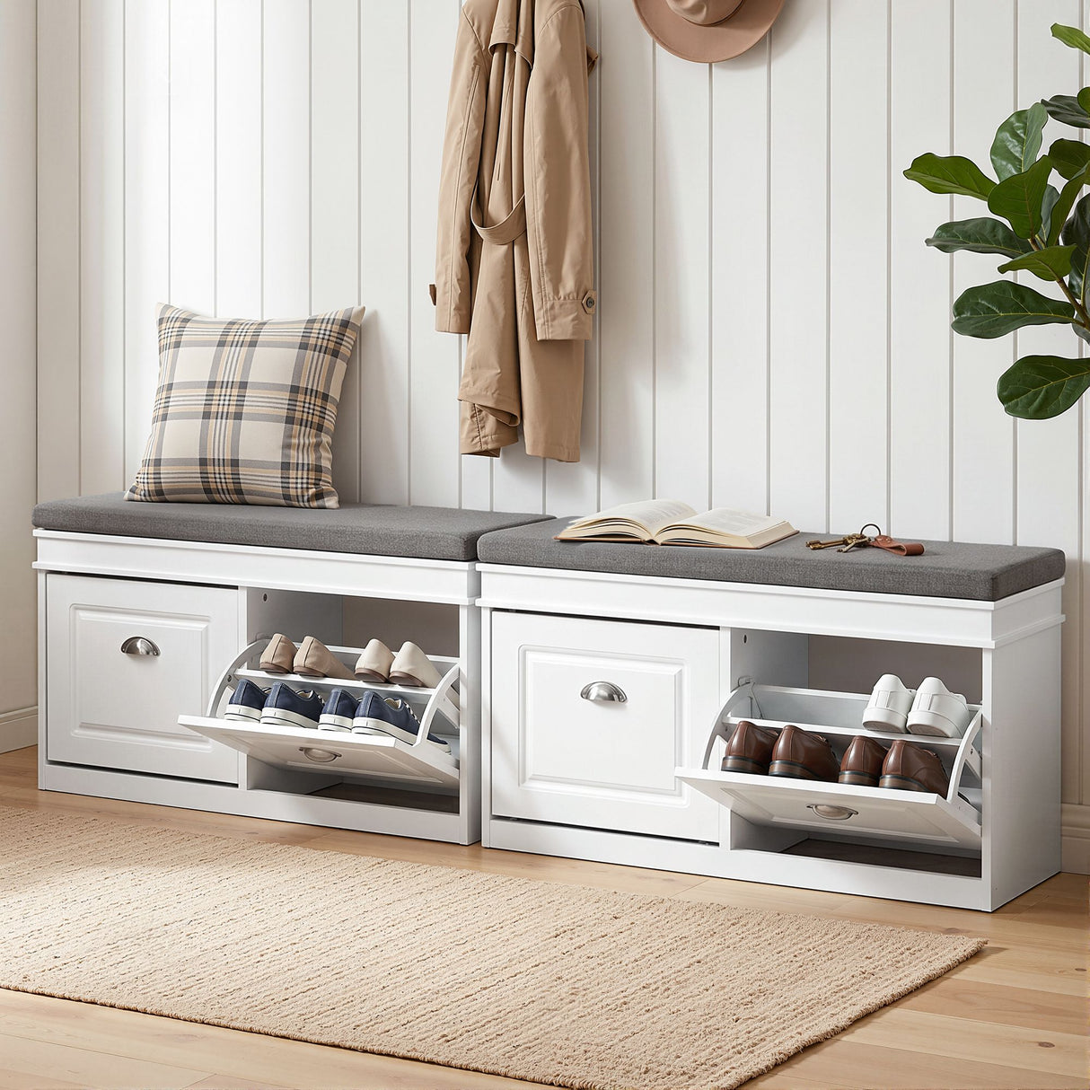 Nerrin Nerrin Flip Drawer Shoe Bench, White 2pcs