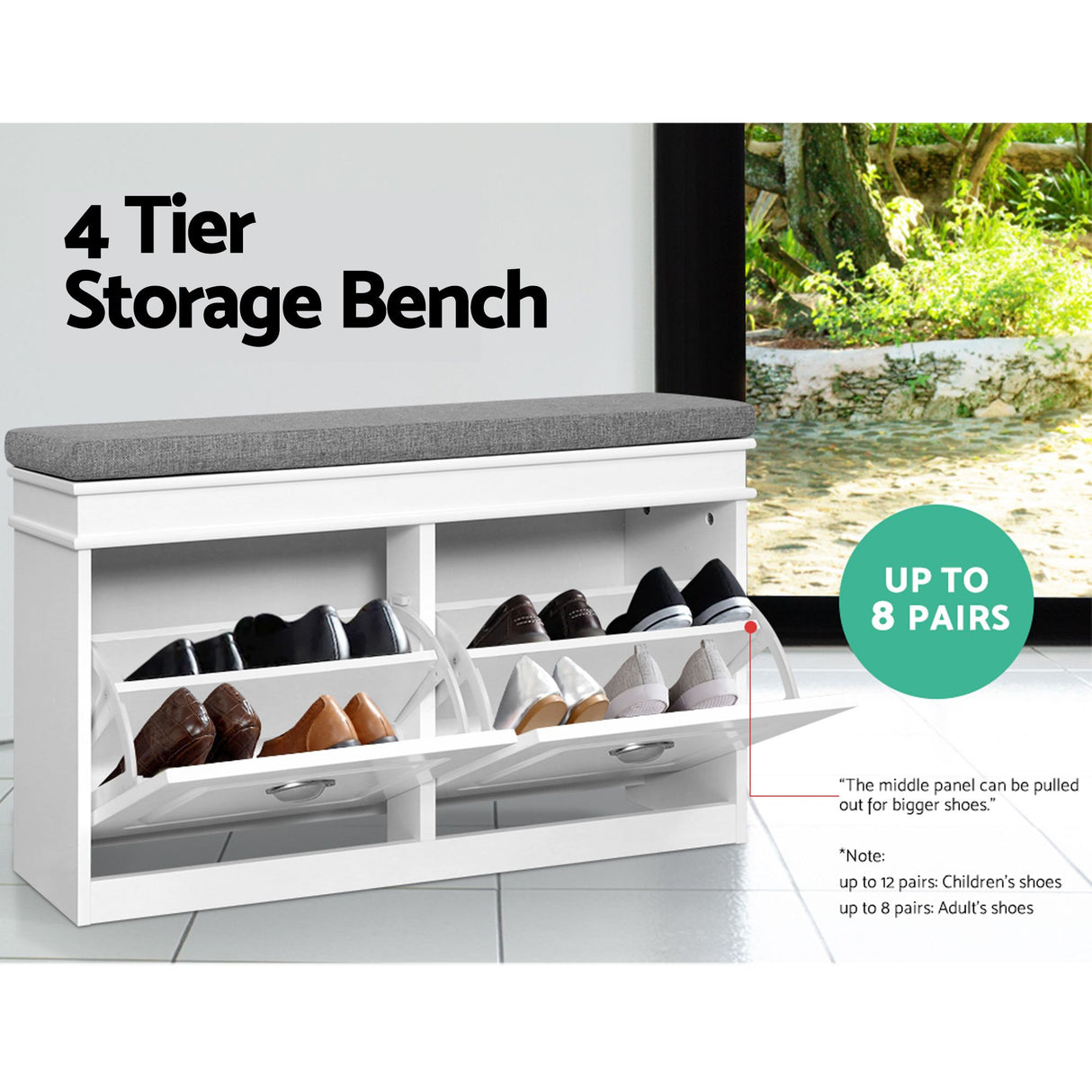 Nerrin Nerrin Flip Drawer Shoe Bench, White 2pcs