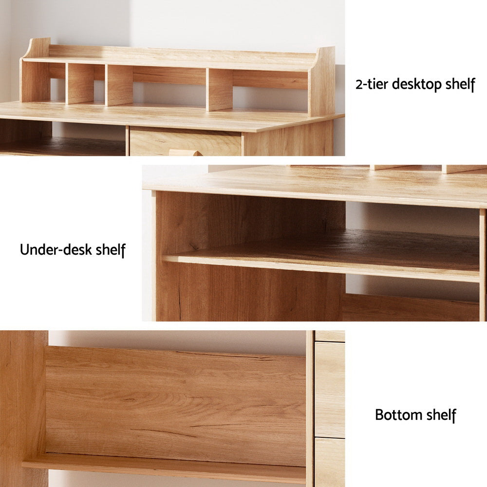 Acton pine computer desk with shelves and drawers in a home office