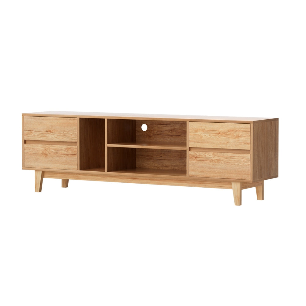 Ulverstone 180cm natural lowline entertainment unit with drawers and open shelves in a modern living room