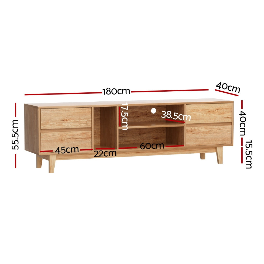 Ulverstone 180cm natural lowline entertainment unit with drawers and open shelves in a modern living room