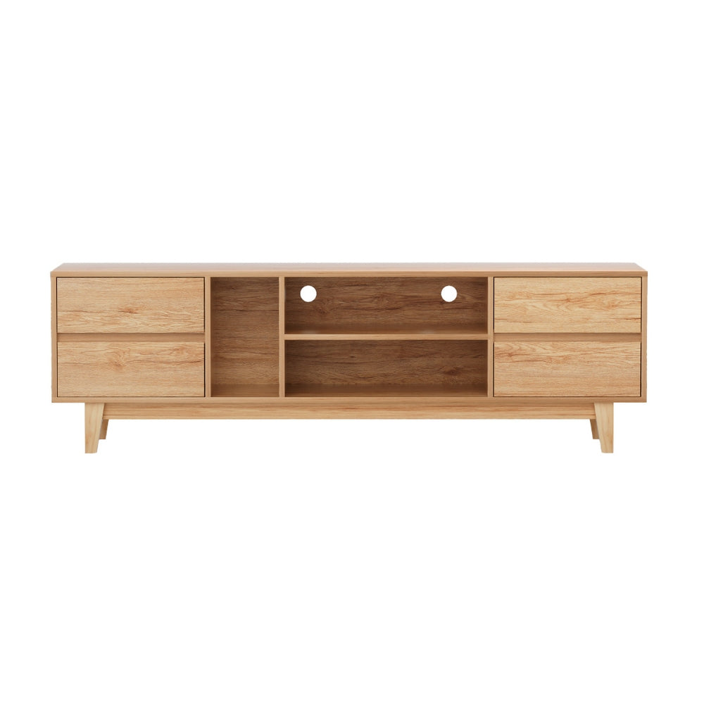 Ulverstone 180cm natural lowline entertainment unit with drawers and open shelves in a modern living room