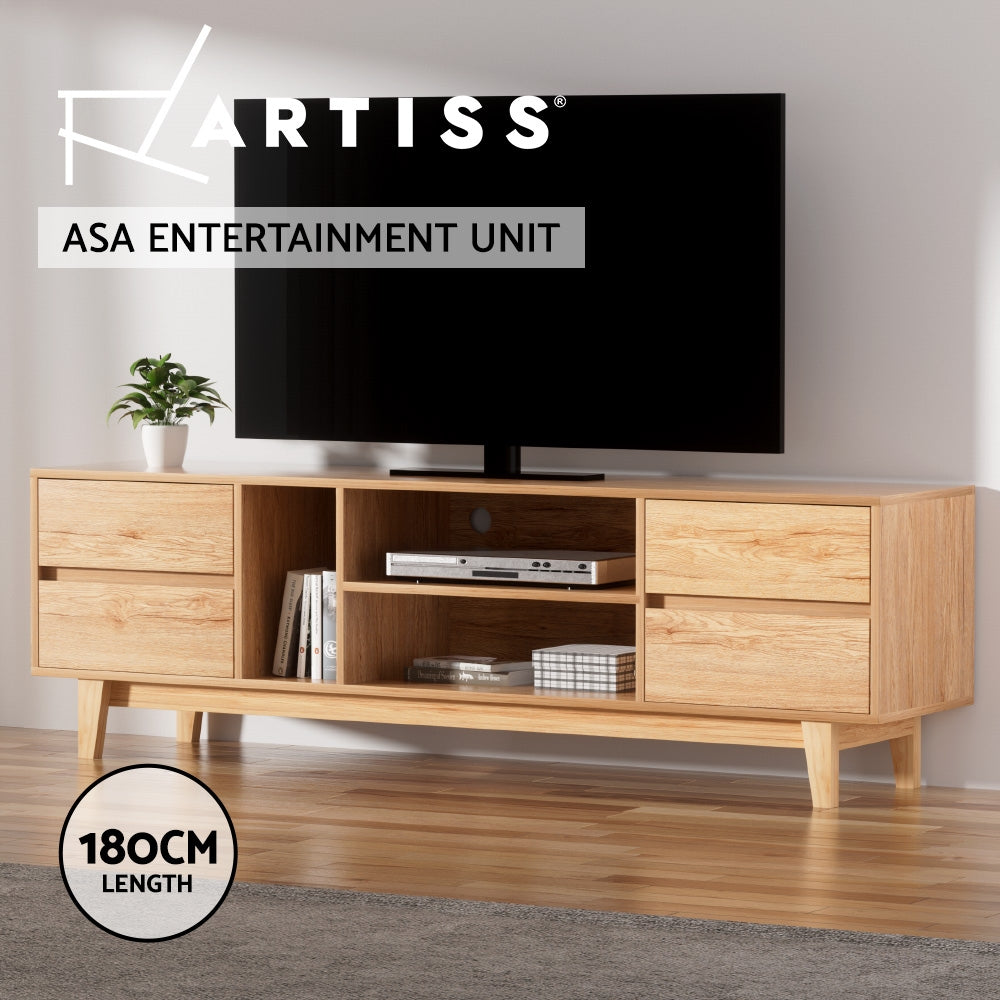 Ulverstone 180cm natural lowline entertainment unit with drawers and open shelves in a modern living room