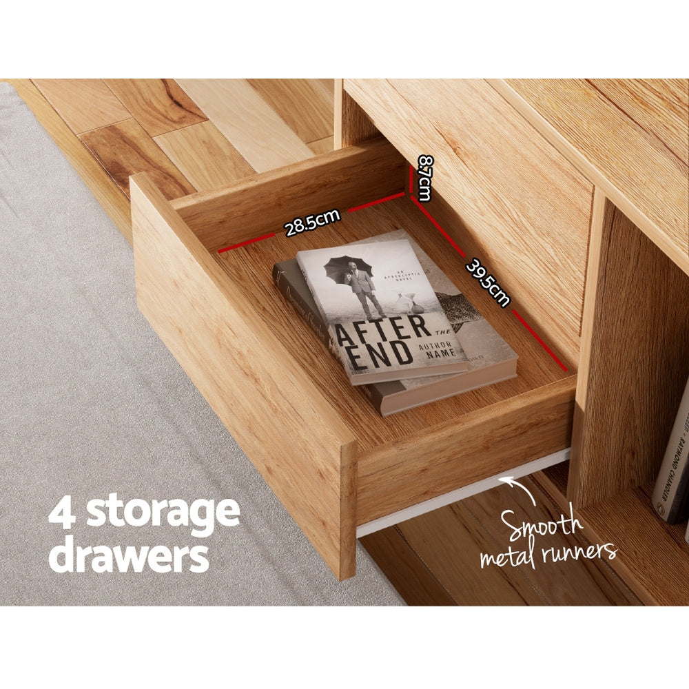 Ulverstone 180cm natural lowline entertainment unit with drawers and open shelves in a modern living room