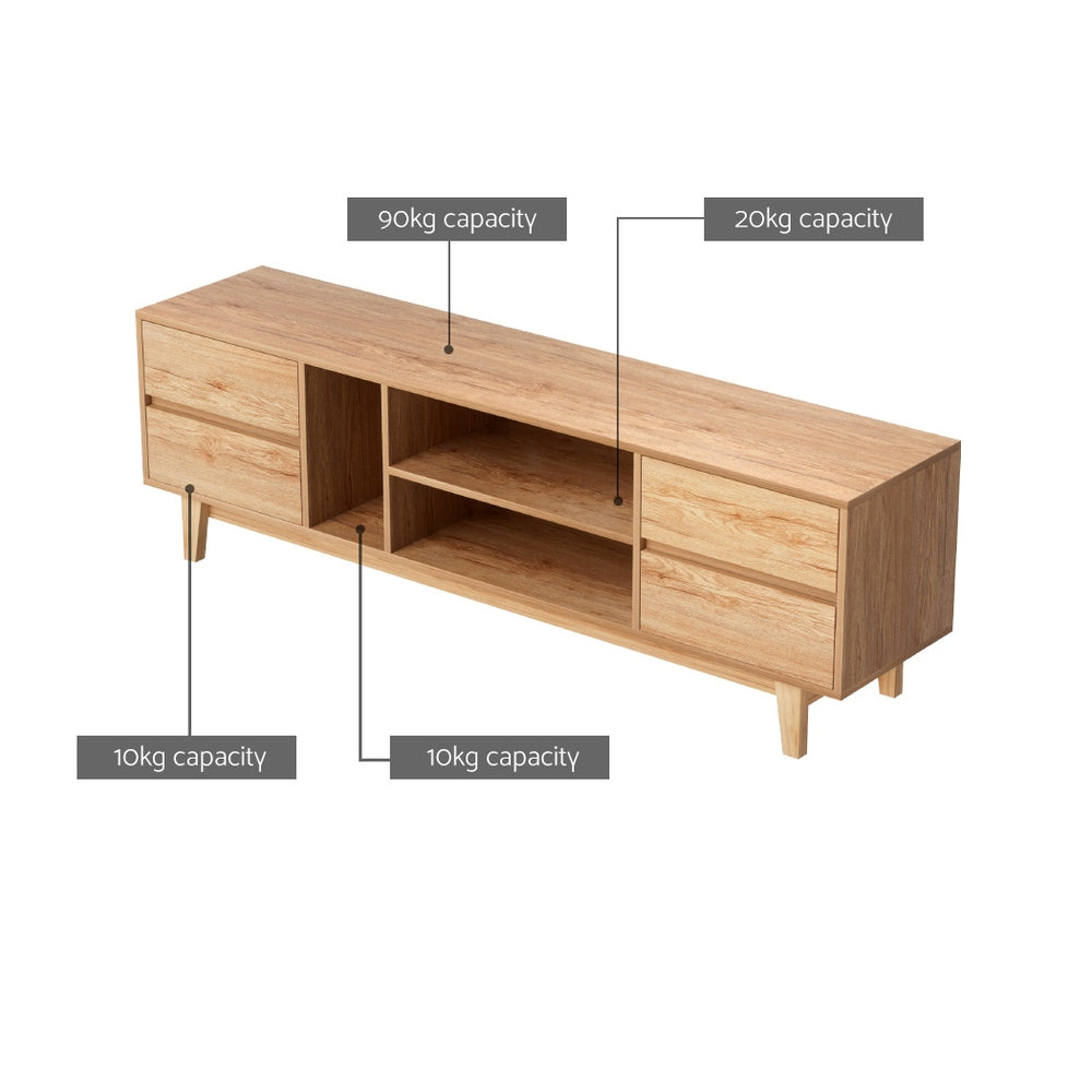 Ulverstone 180cm natural lowline entertainment unit with drawers and open shelves in a modern living room