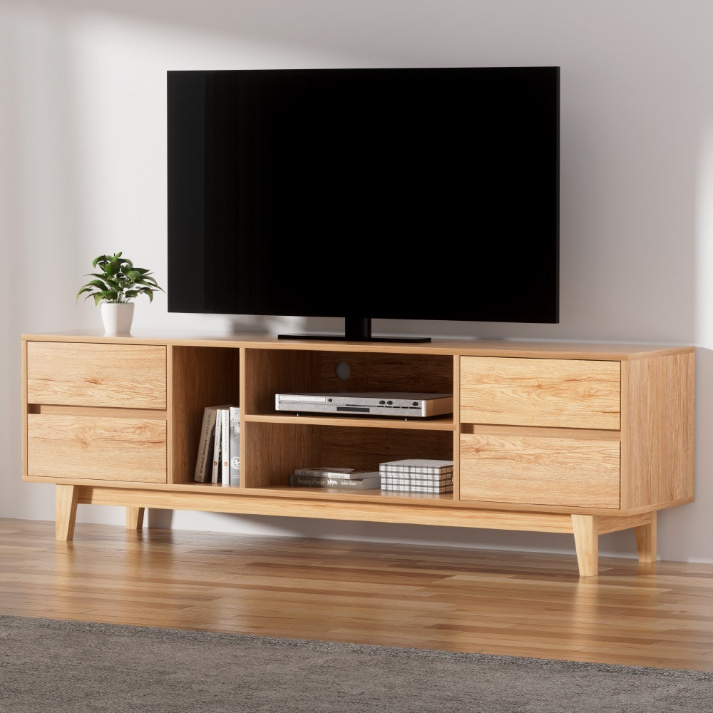Ulverstone 180cm natural lowline entertainment unit with drawers and open shelves in a modern living room