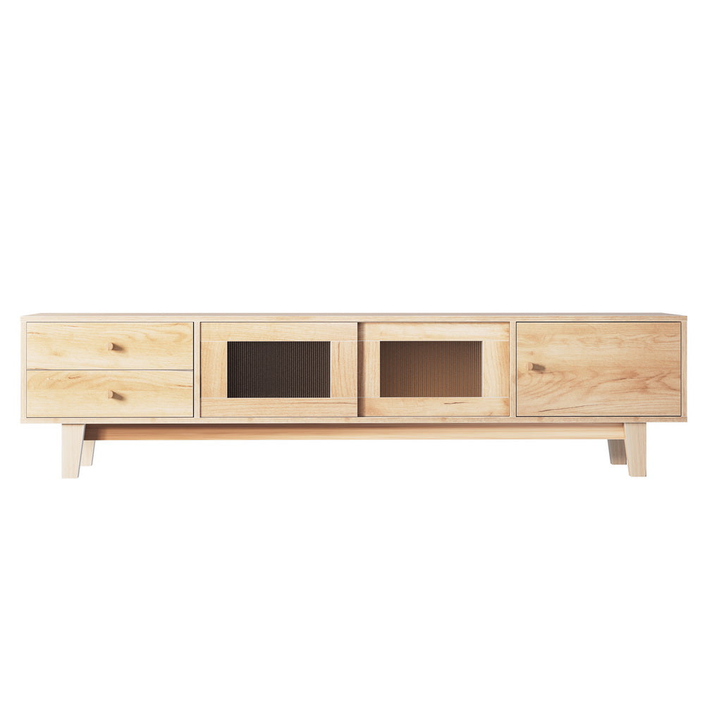 Devonport 180cm natural timber entertainment unit with drawers in a modern living room