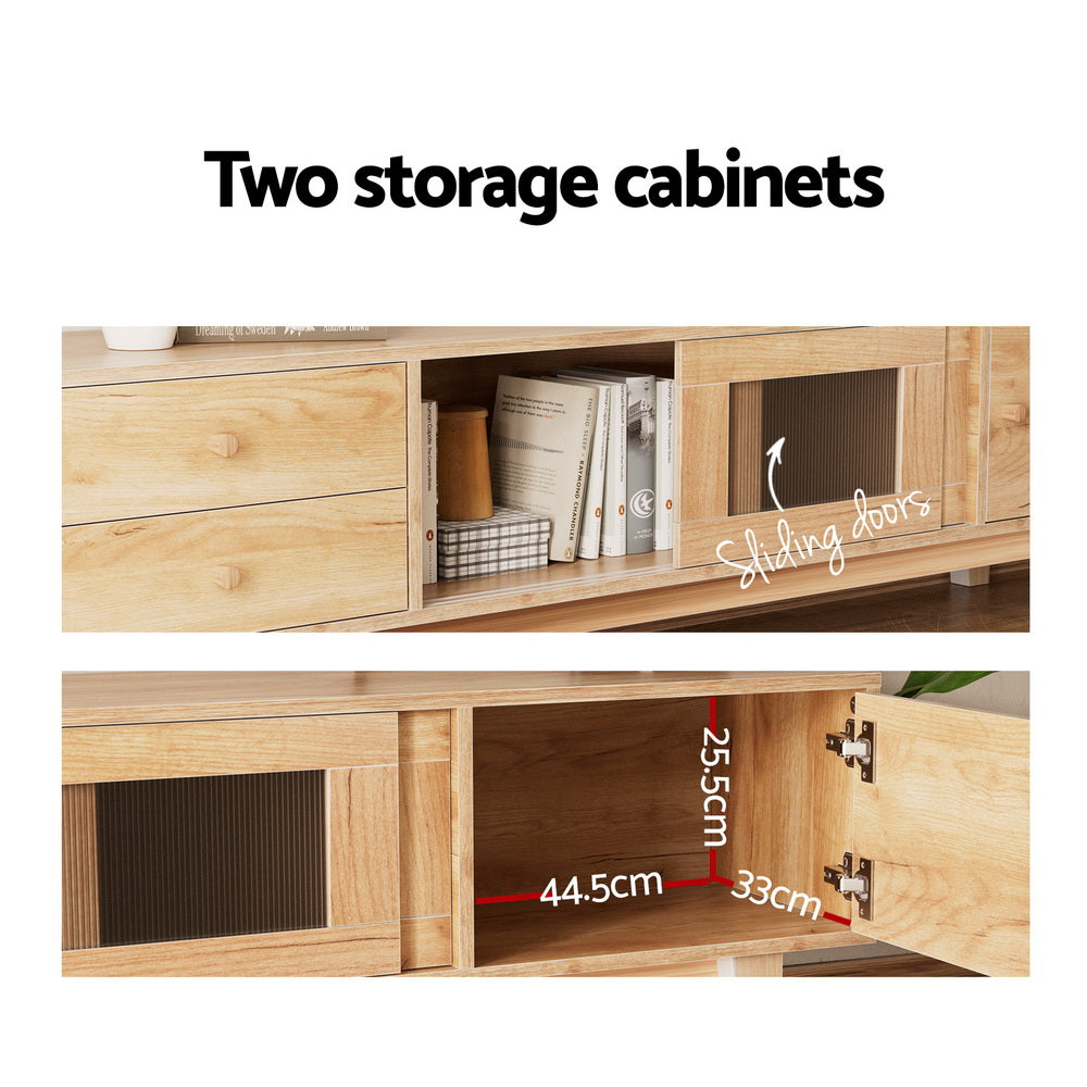 Devonport 180cm natural timber entertainment unit with drawers in a modern living room