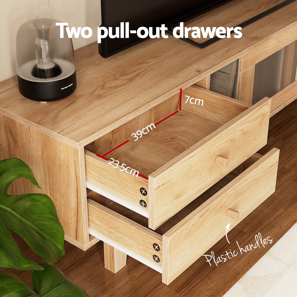 Devonport 180cm natural timber entertainment unit with drawers in a modern living room