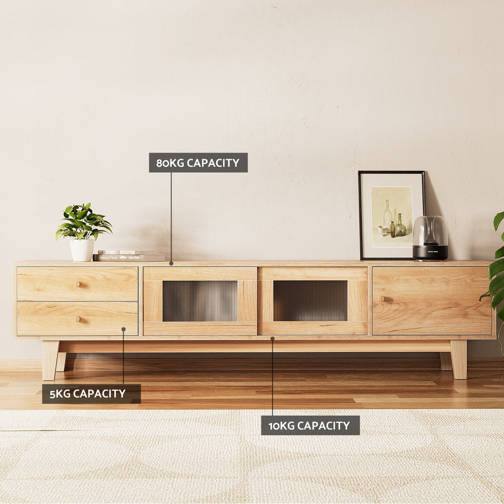 Devonport 180cm natural timber entertainment unit with drawers in a modern living room