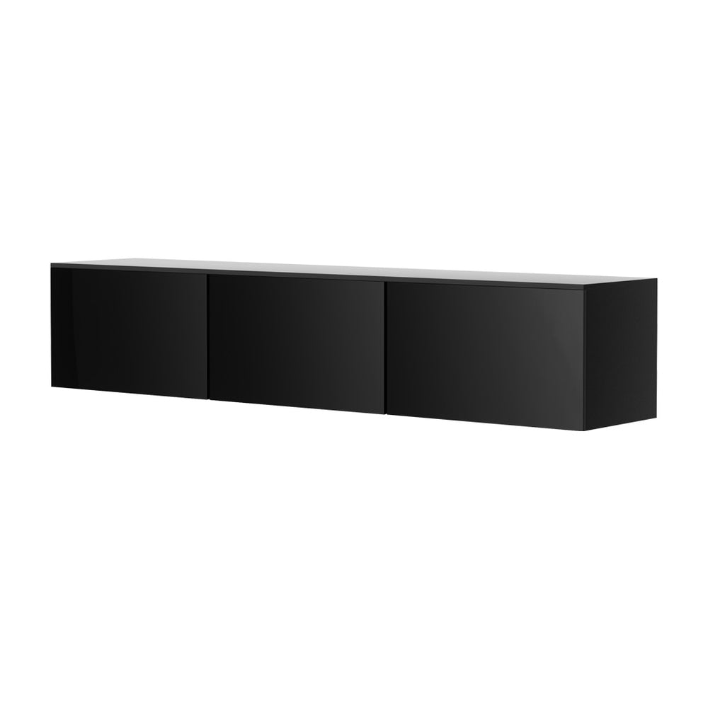 Burnie 200cm black high gloss floating wall mounted entertainment unit in a modern living room