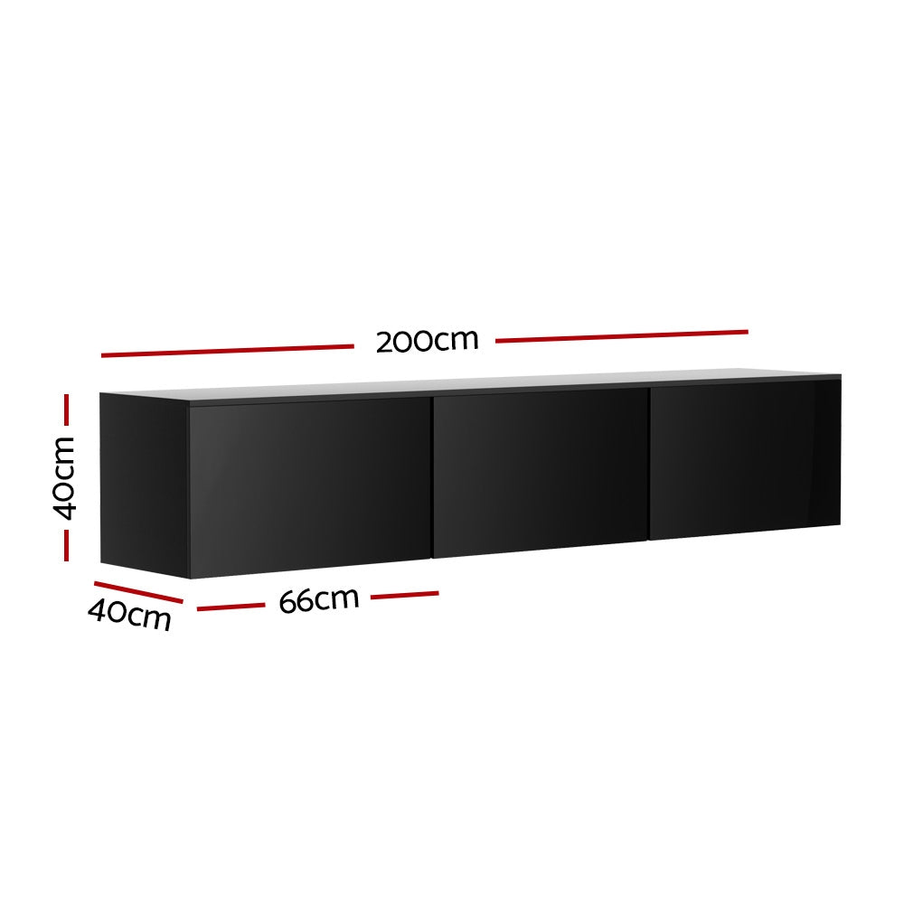 Burnie 200cm black high gloss floating wall mounted entertainment unit in a modern living room