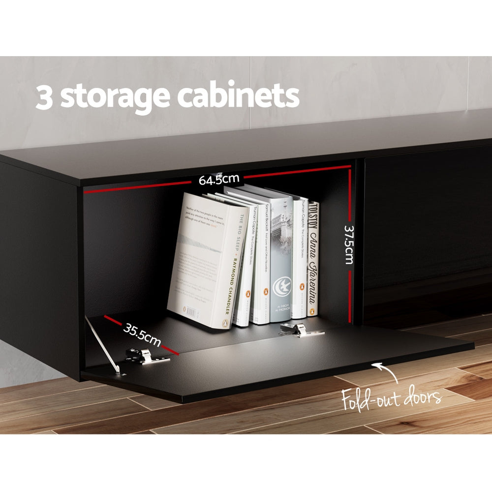 Burnie 200cm black high gloss floating wall mounted entertainment unit in a modern living room