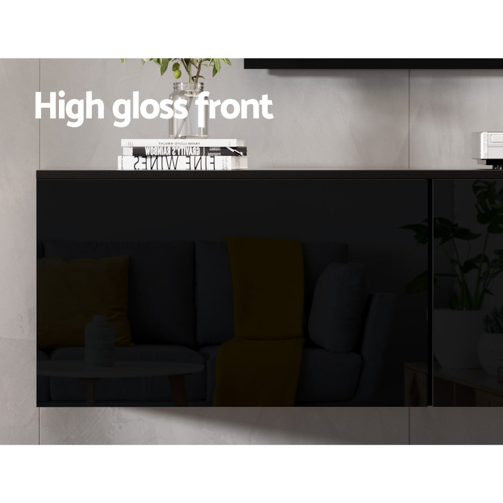 Burnie 200cm black high gloss floating wall mounted entertainment unit in a modern living room