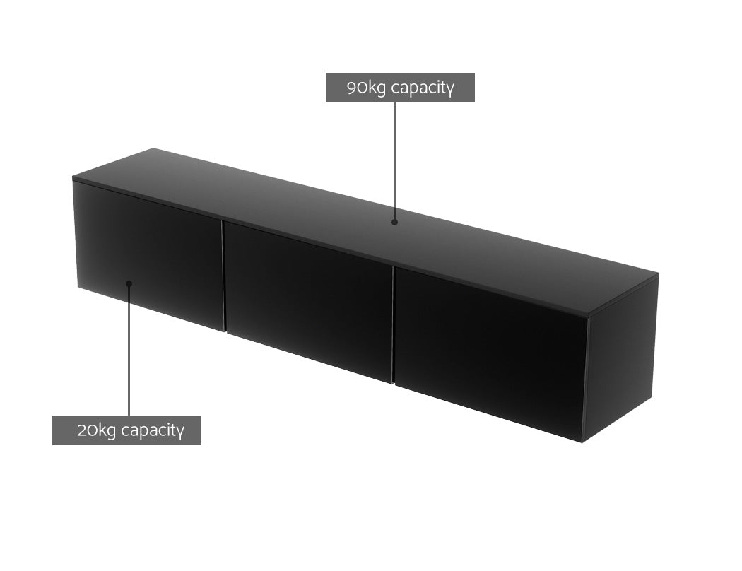 Burnie 200cm black high gloss floating wall mounted entertainment unit in a modern living room