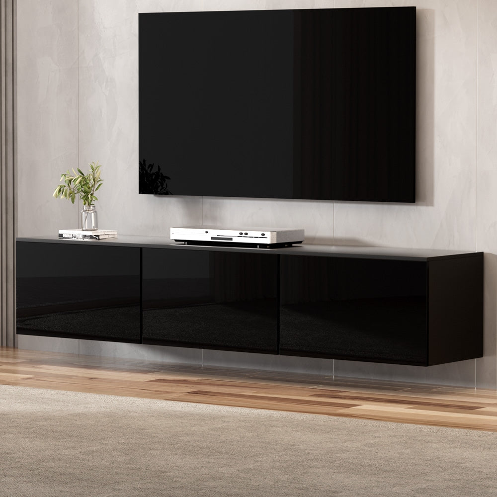 Burnie 200cm black high gloss floating wall mounted entertainment unit in a modern living room