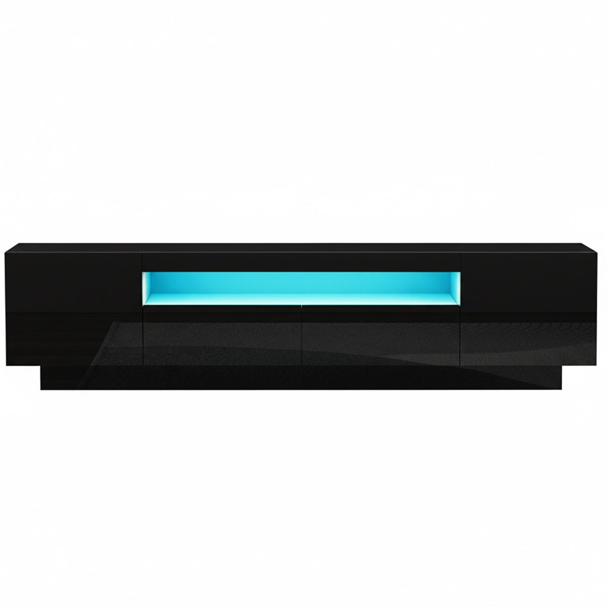 Launceston black high gloss LED entertainment unit with colour changing lighting in a modern living room