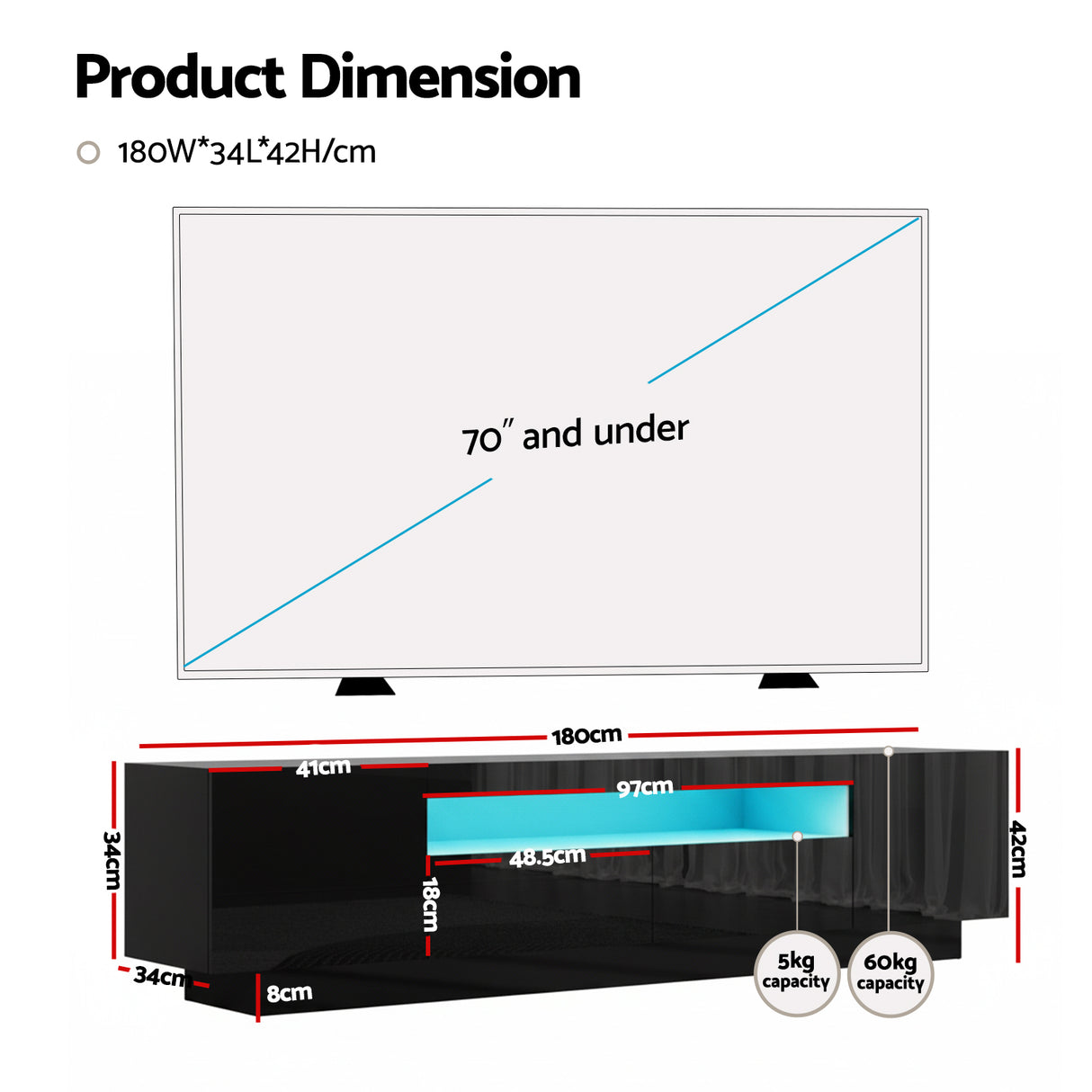 Launceston black high gloss LED entertainment unit with colour changing lighting in a modern living room
