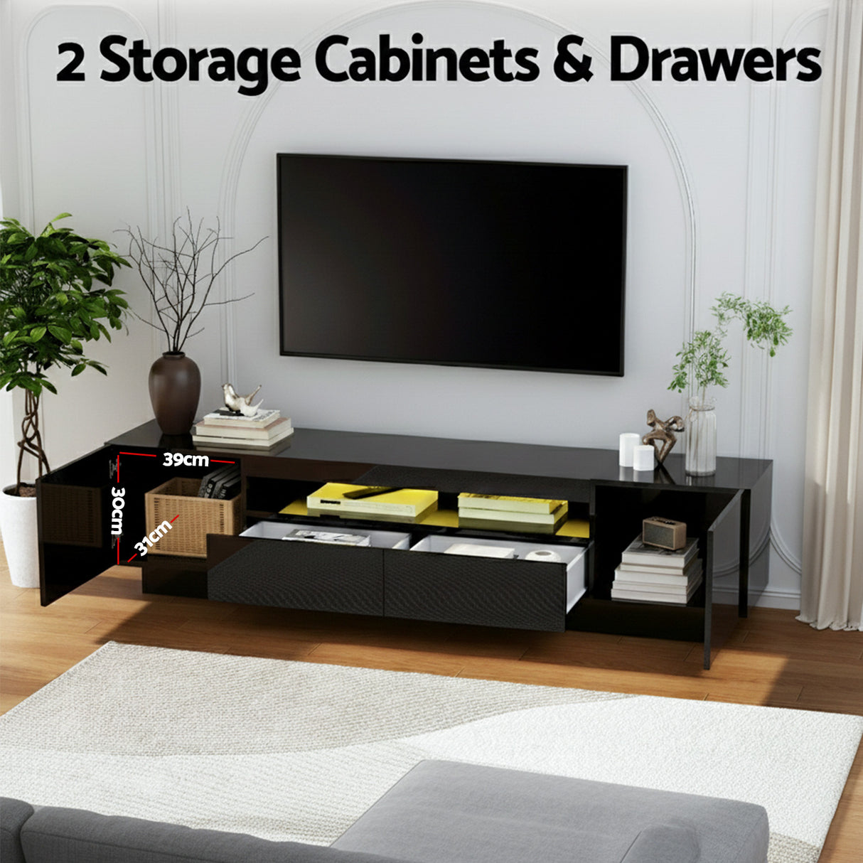 Launceston black high gloss LED entertainment unit with colour changing lighting in a modern living room