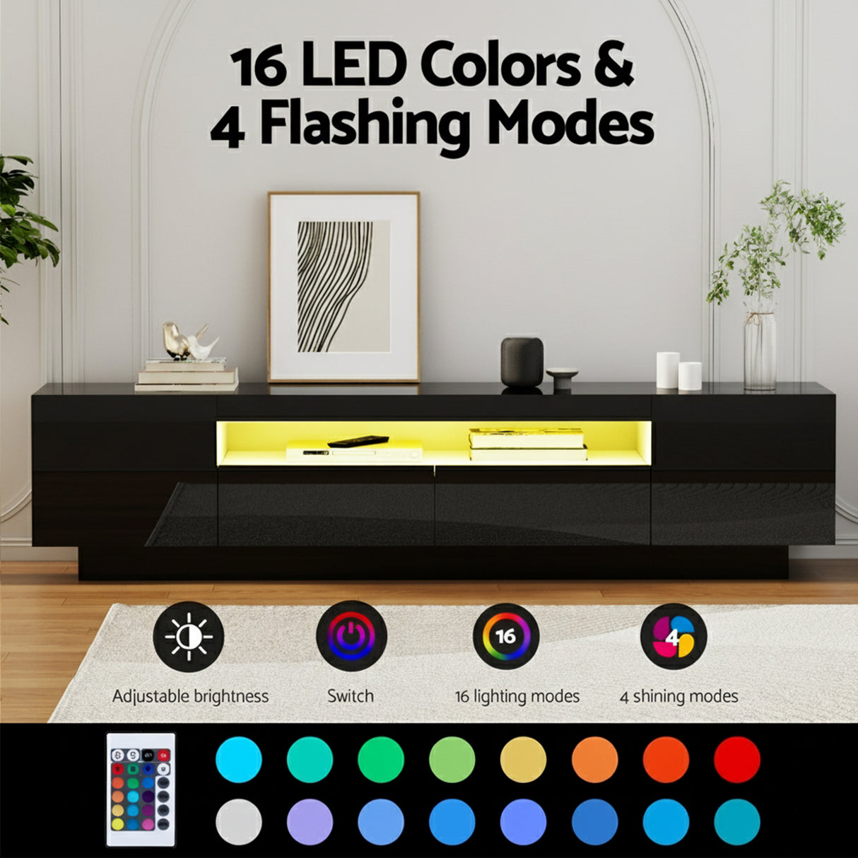 Launceston black high gloss LED entertainment unit with colour changing lighting in a modern living room