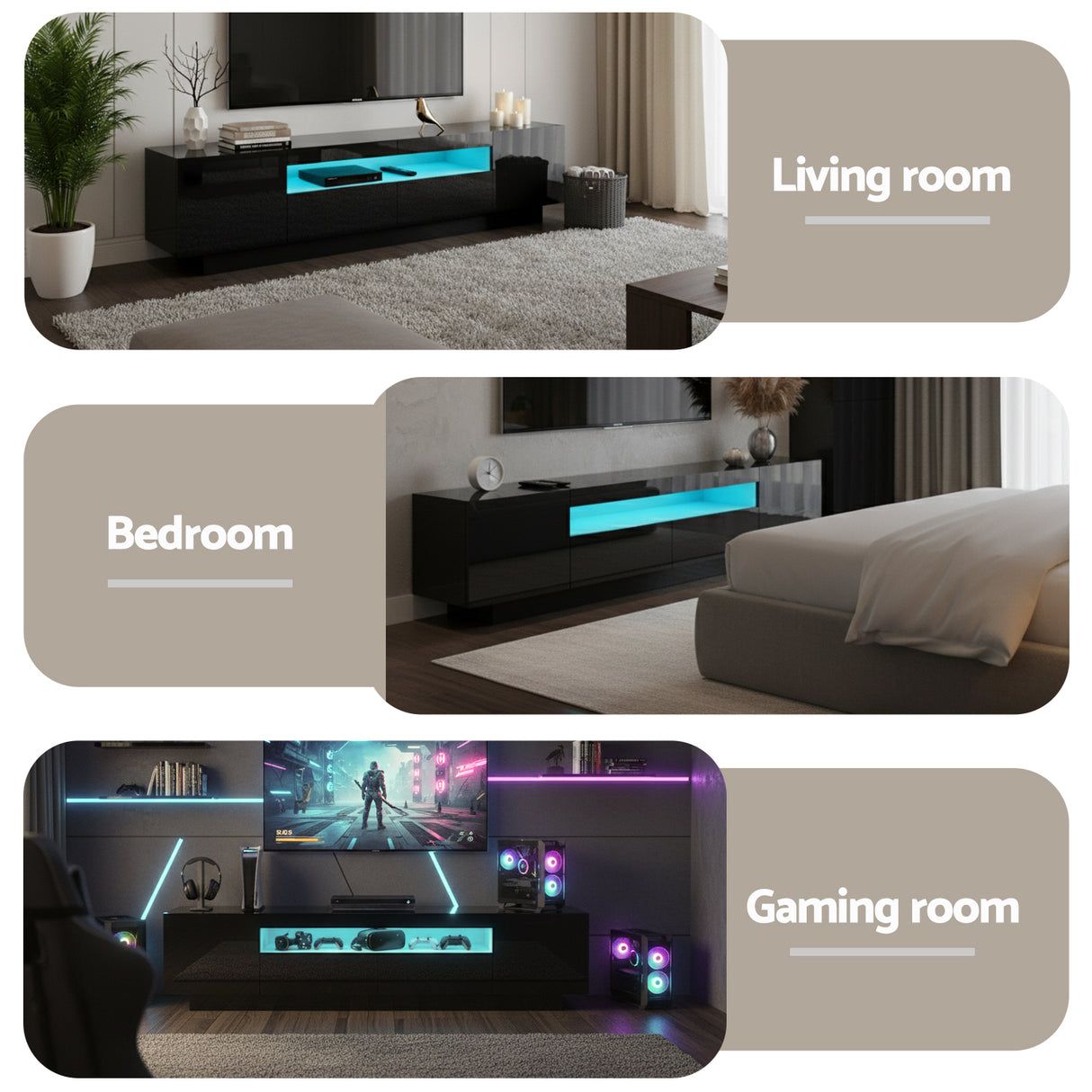 Launceston black high gloss LED entertainment unit with colour changing lighting in a modern living room