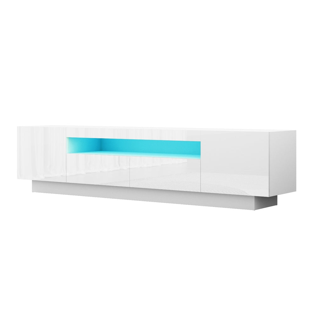 Launceston white high gloss LED entertainment unit with colour changing lighting in a modern living room