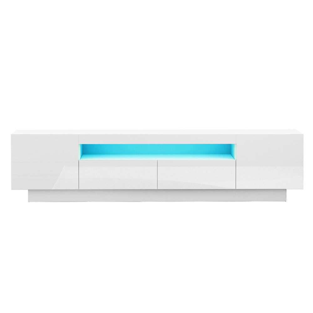 Launceston white high gloss LED entertainment unit with colour changing lighting in a modern living room