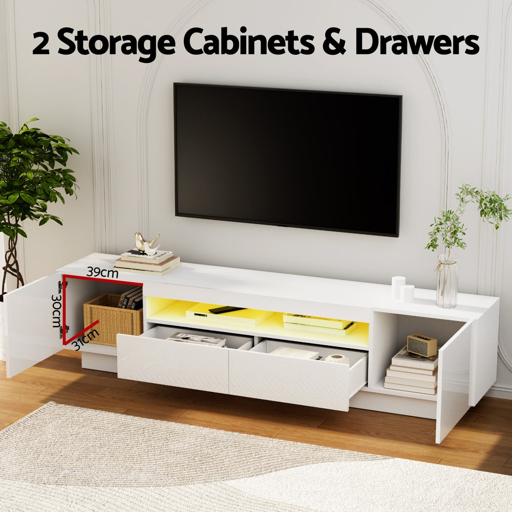 Launceston white high gloss LED entertainment unit with colour changing lighting in a modern living room