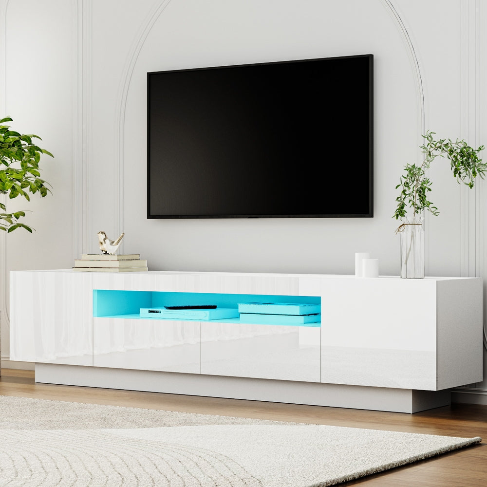 Launceston white high gloss LED entertainment unit with colour changing lighting in a modern living room