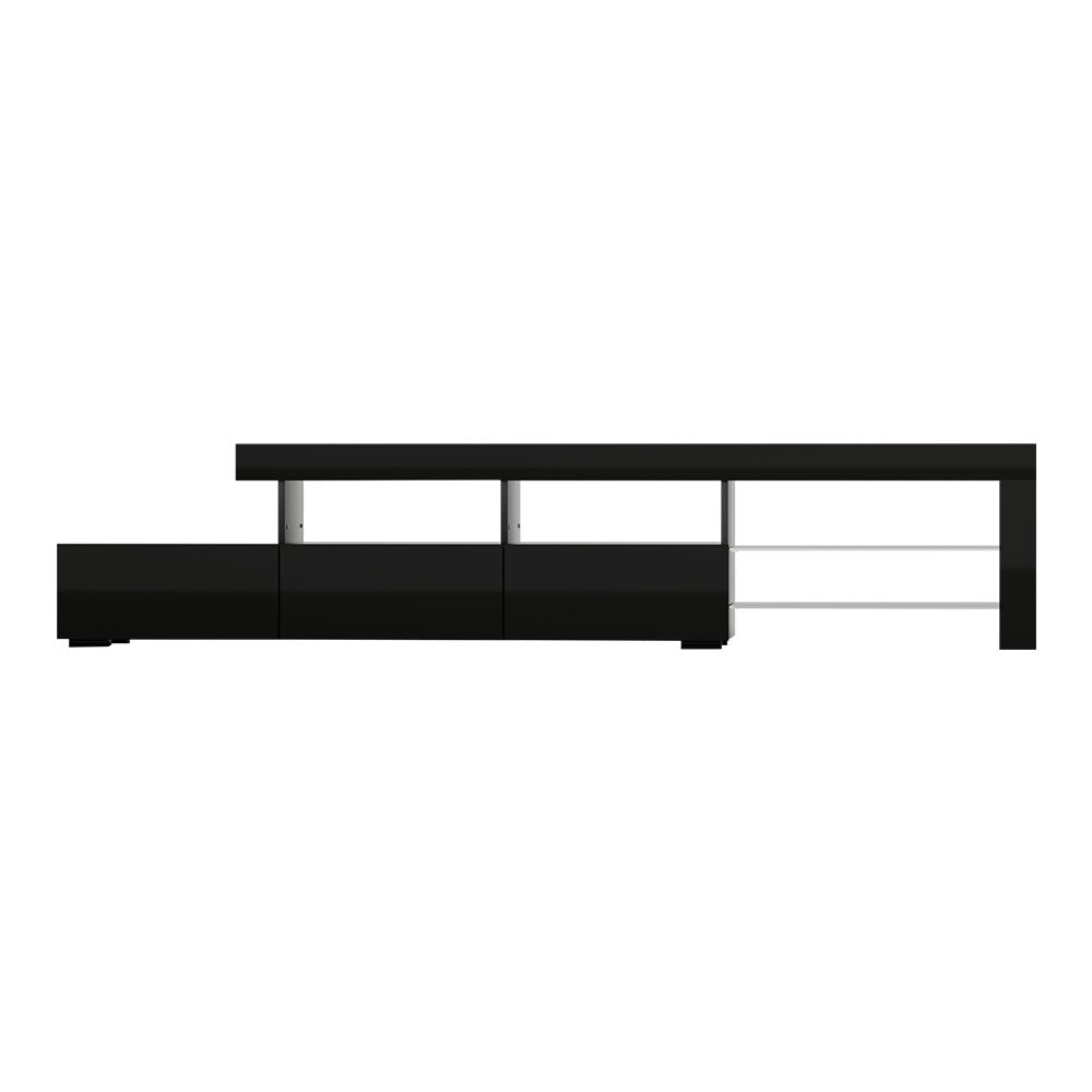 Penguin 215cm black LED entertainment unit with colour changing lighting and glass shelves in a modern living room