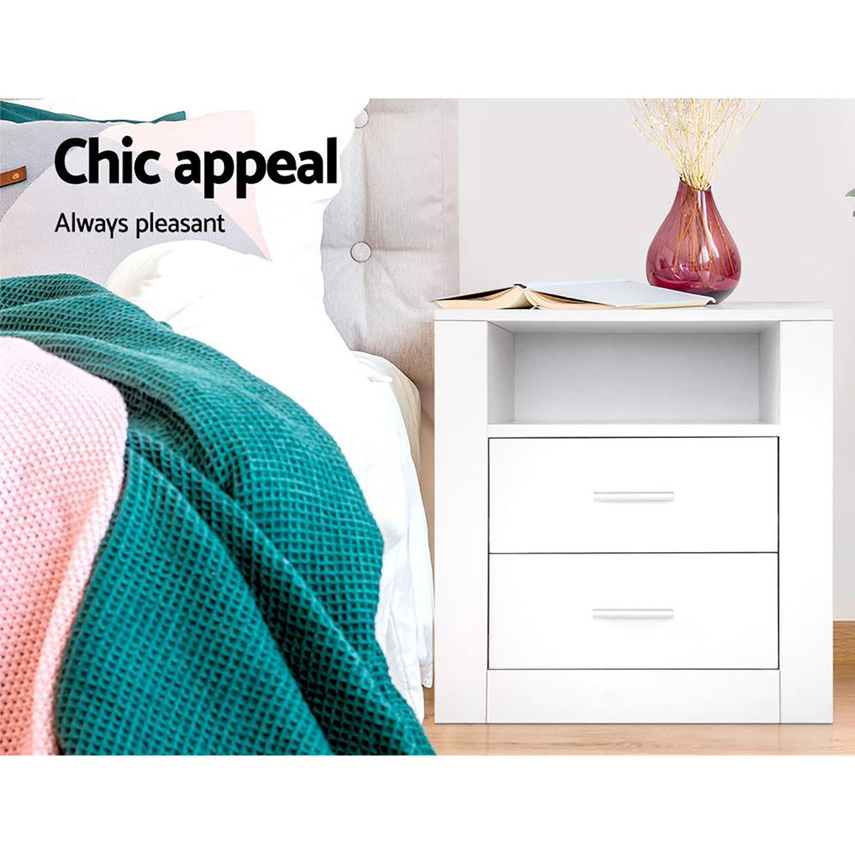 Pottsville Beach 2 Drawer Shelf Bedside Table, White 2pcs