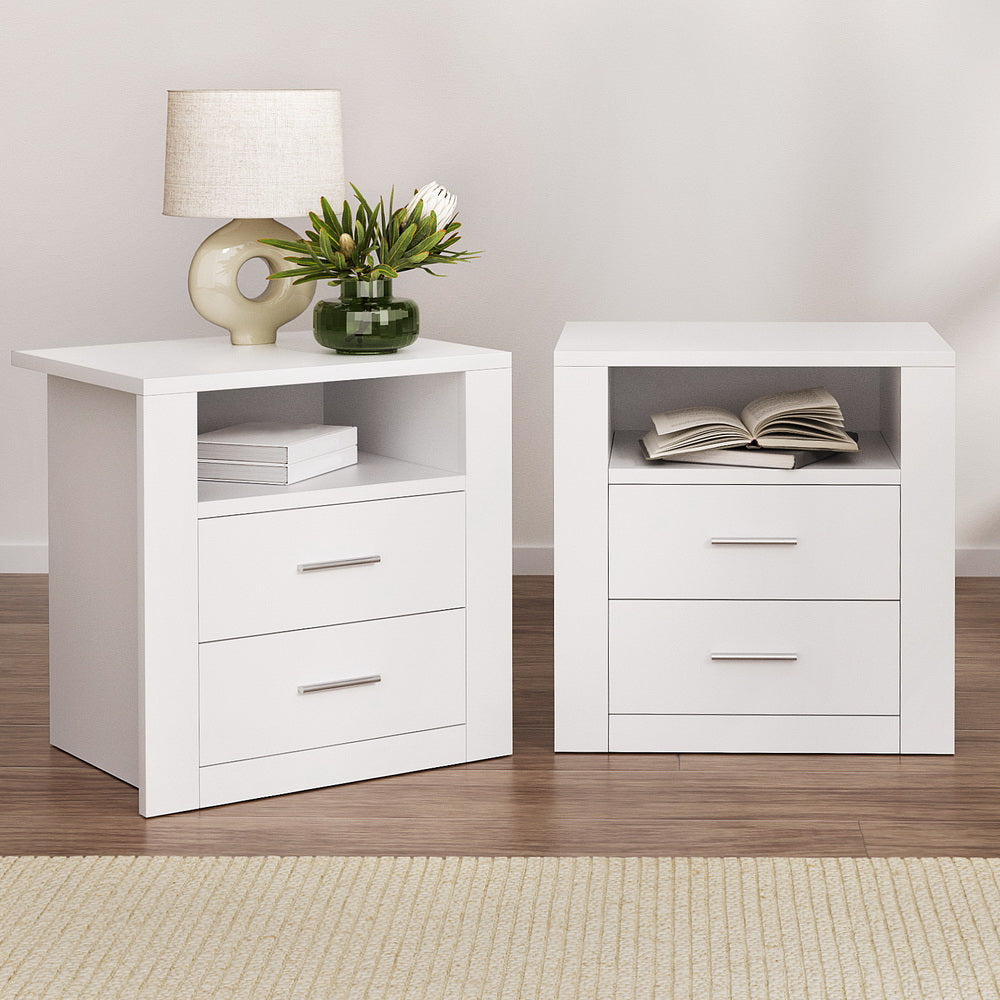 Pottsville Beach 2 Drawer Shelf Bedside Table, White 2pcs