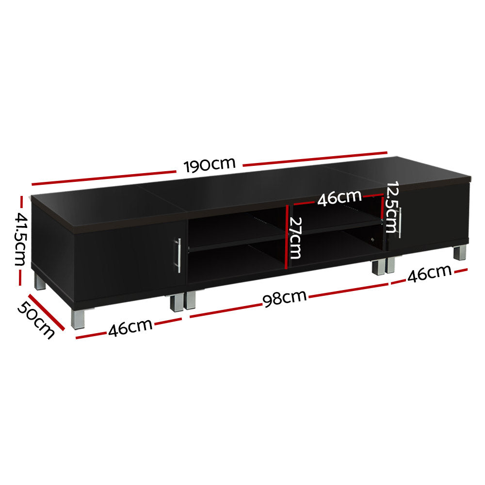 Coles Bay 190cm black entertainment unit with square legs and two side cabinets in a modern living room