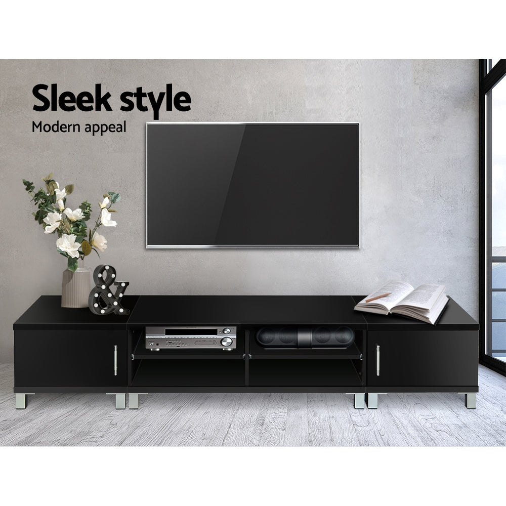 Coles Bay 190cm black entertainment unit with square legs and two side cabinets in a modern living room
