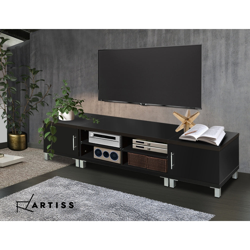 Coles Bay 190cm black entertainment unit with square legs and two side cabinets in a modern living room