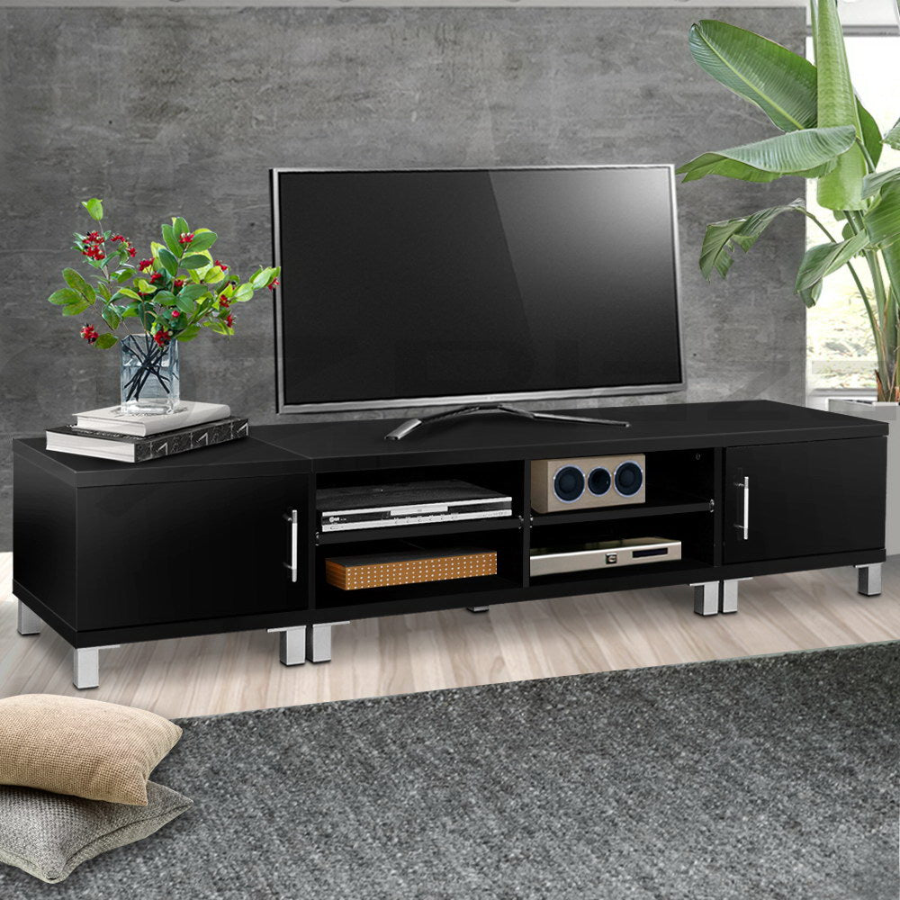 Coles Bay 190cm black entertainment unit with square legs and two side cabinets in a modern living room