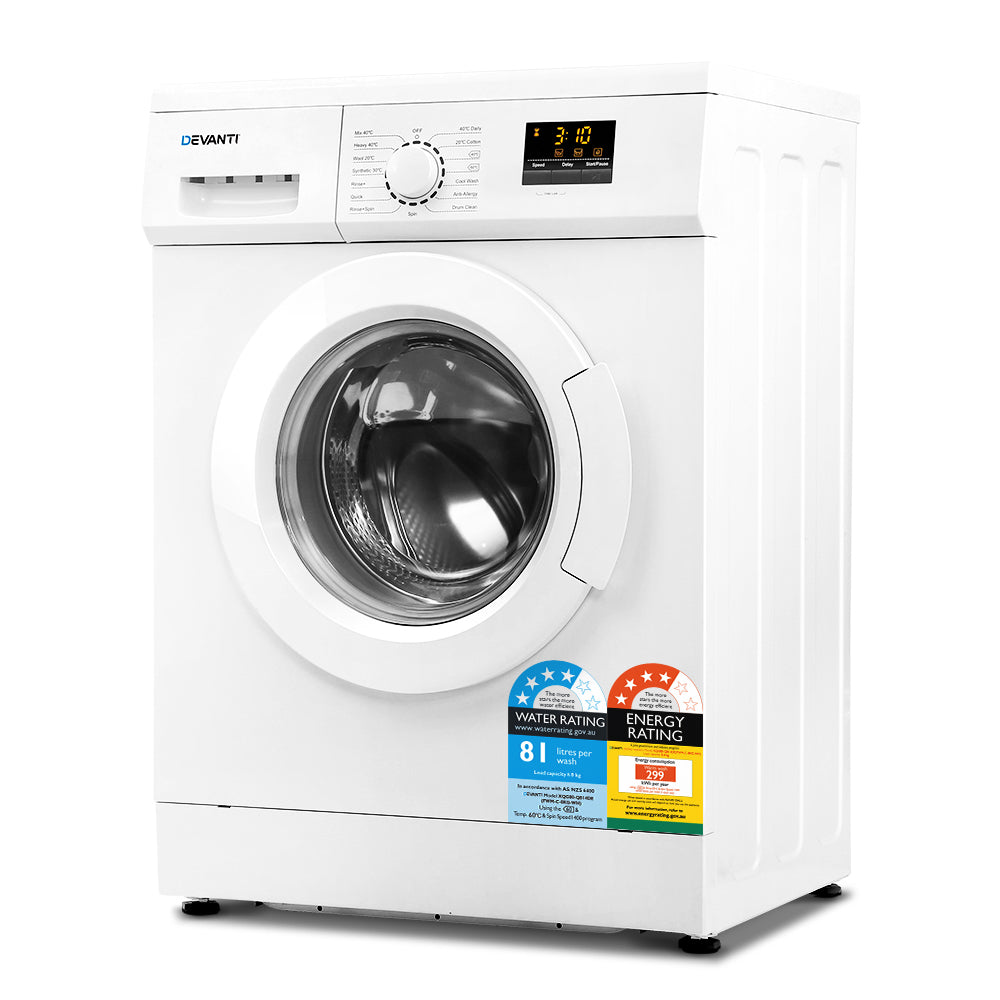 White 8 kg front load washing machine, front view with transparent door