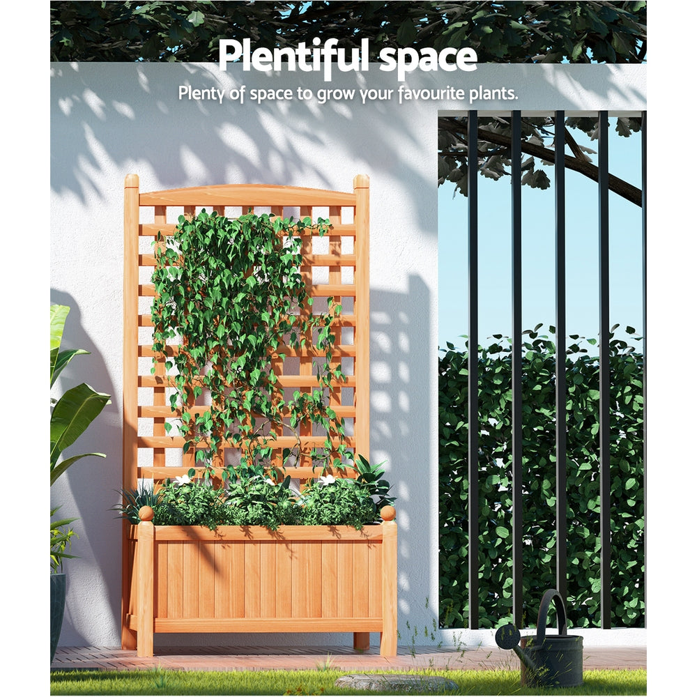 Raised garden bed with trellis used on a porch with potted plants