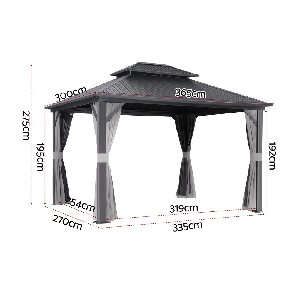 Gazebo with mesh walls and curtains drawn closed around the frame