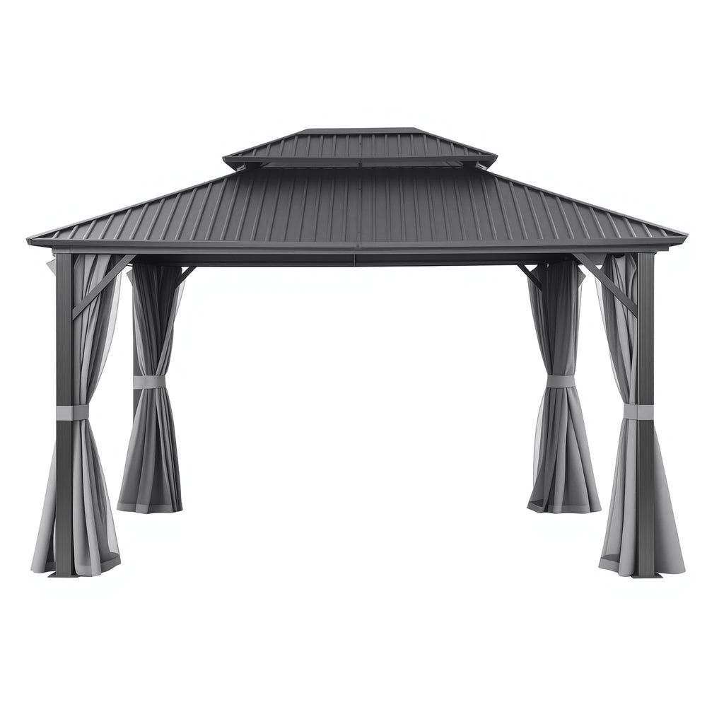 Curtain tied back on the aluminium gazebo showing the open side