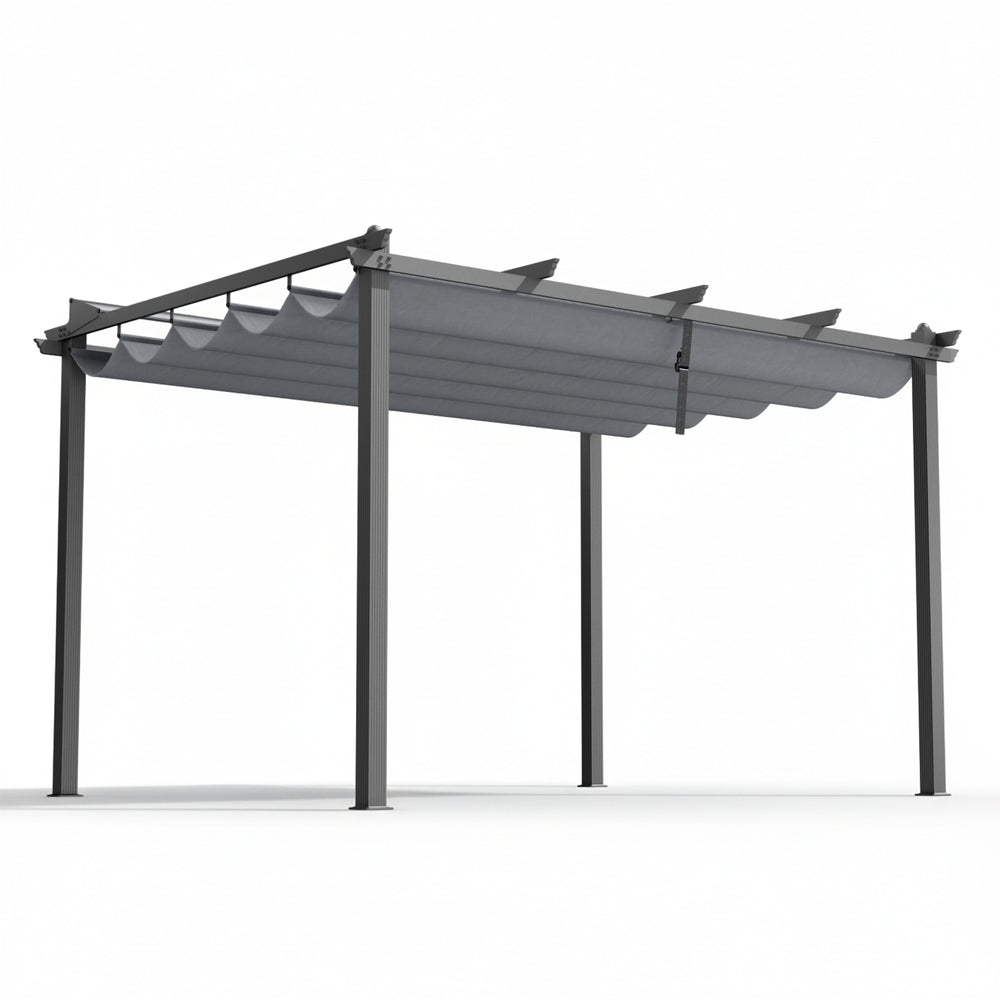 Grey 3 x 4 m aluminium pergola gazebo with adjustable canopy on a patio