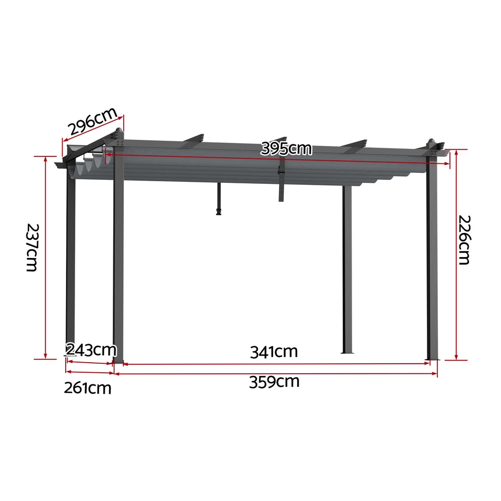 Angled view of the grey aluminium pergola gazebo and its roof canopy