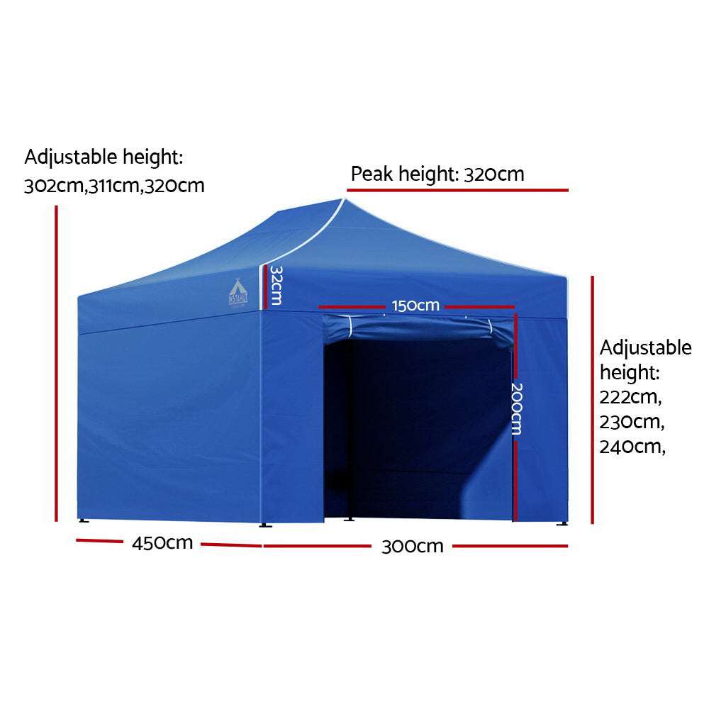 Blue pop up gazebo with side walls fitted and roll up door panel open