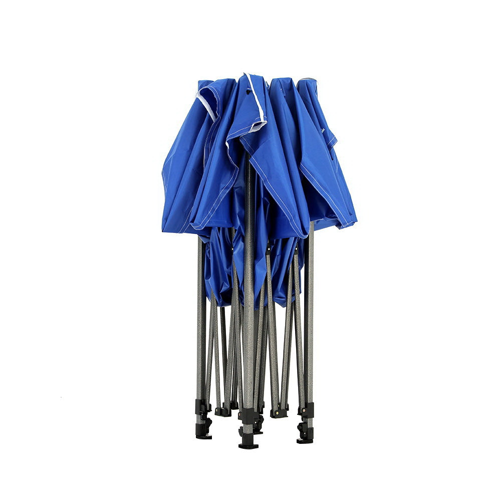 Side view of the blue folding marquee showing the 4.5 m side wall