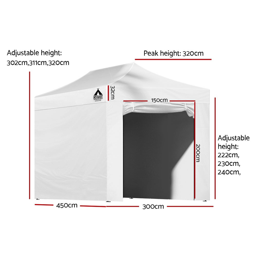 White folding marquee with side walls fitted and roll up door panel open