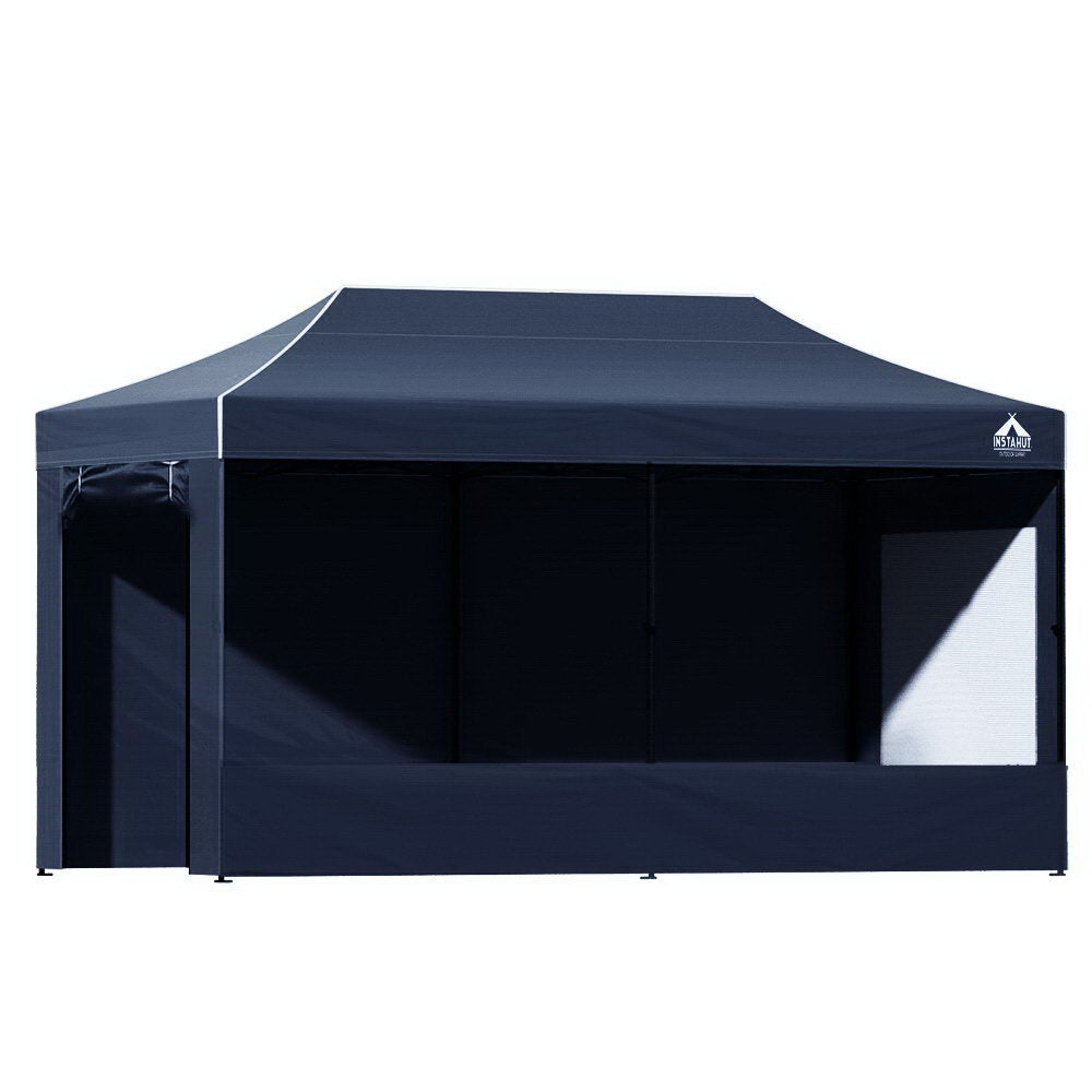 Dimension diagram of the navy 6 x 3 m gazebo showing the three height settings