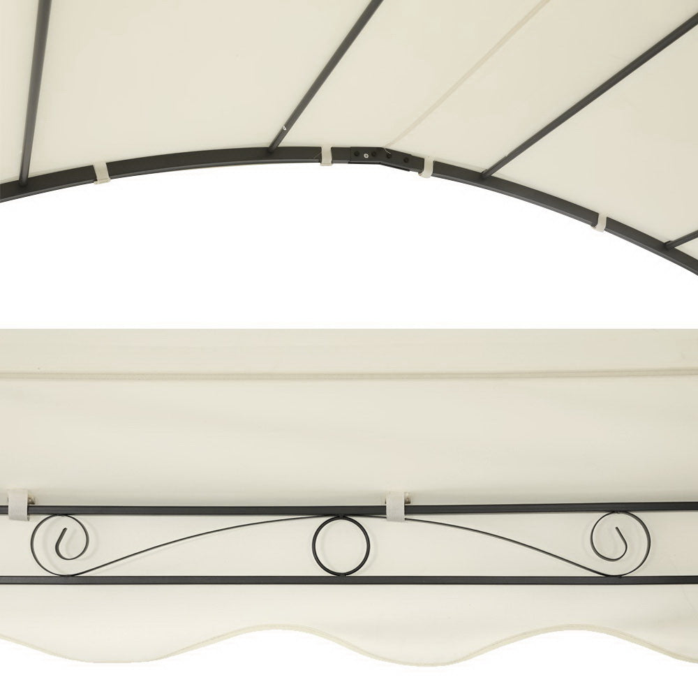 Ironwork detail on the steel frame of the beige garden gazebo